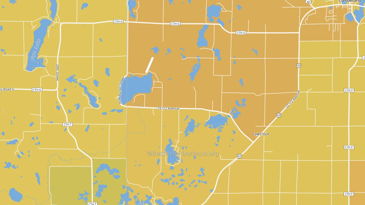 Map of the best neighborhoods in the Comstock area, with better matches in green and worse matches in red
