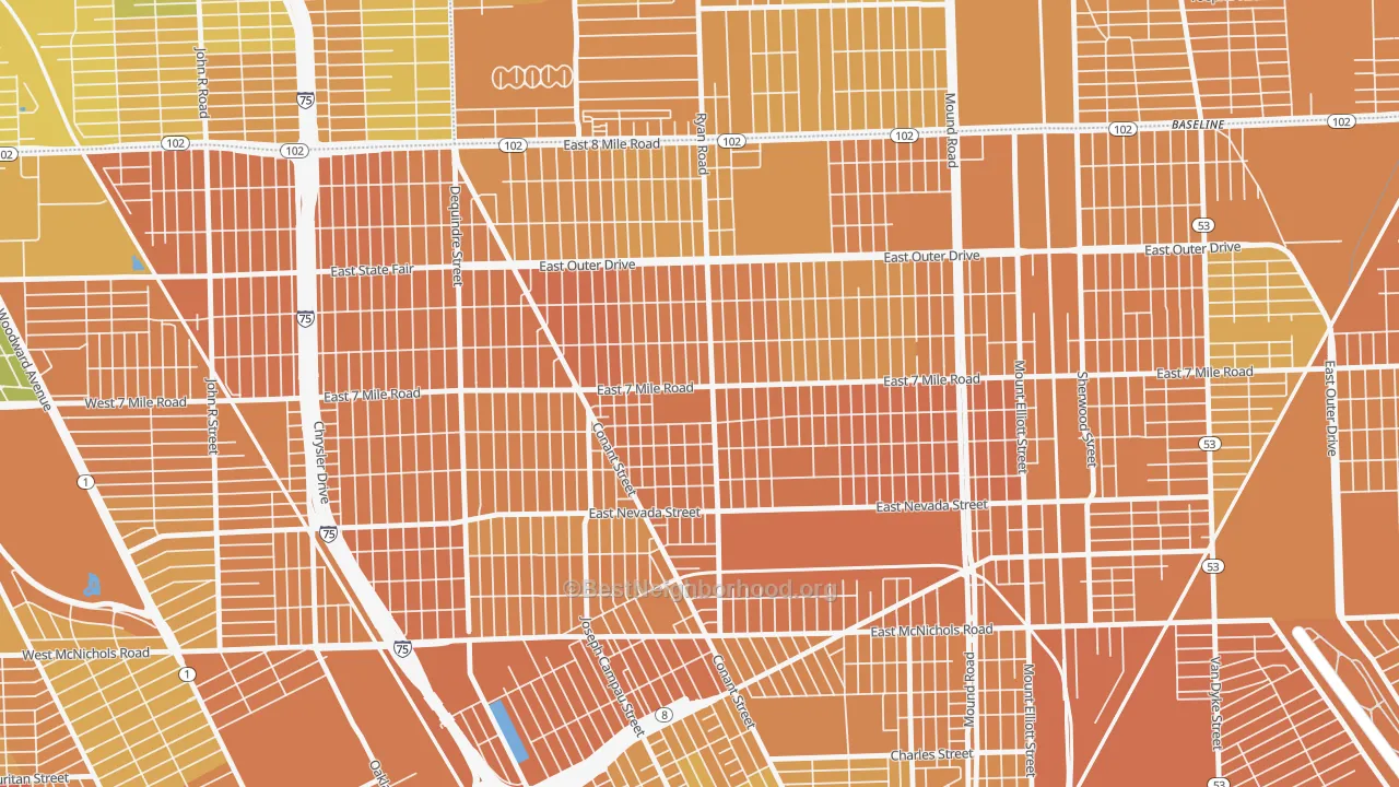 Map of the best neighborhoods in the Conant Gardens, Detroit area, with better matches in green and worse matches in red