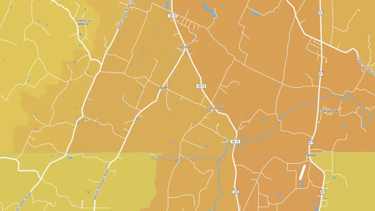 Map of the best neighborhoods in the Conasauga area, with better matches in green and worse matches in red
