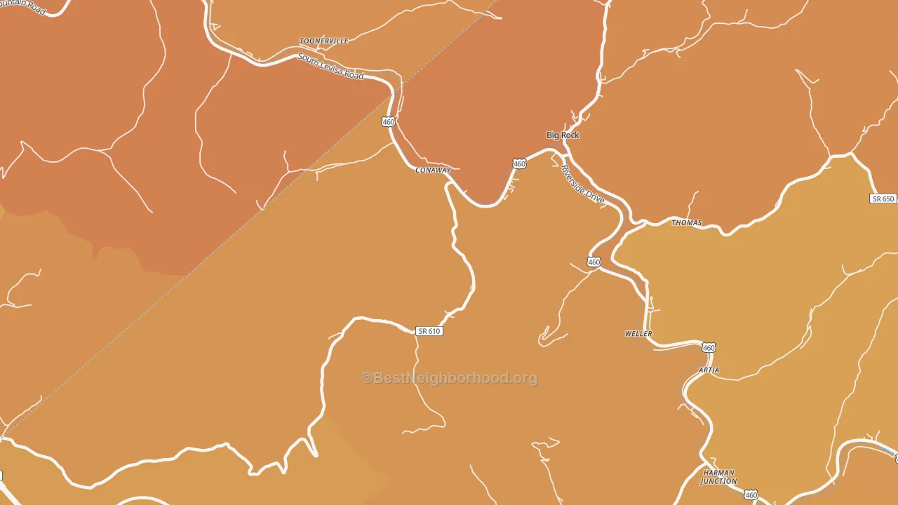 Map of the best neighborhoods in the Conaway area, with better matches in green and worse matches in red