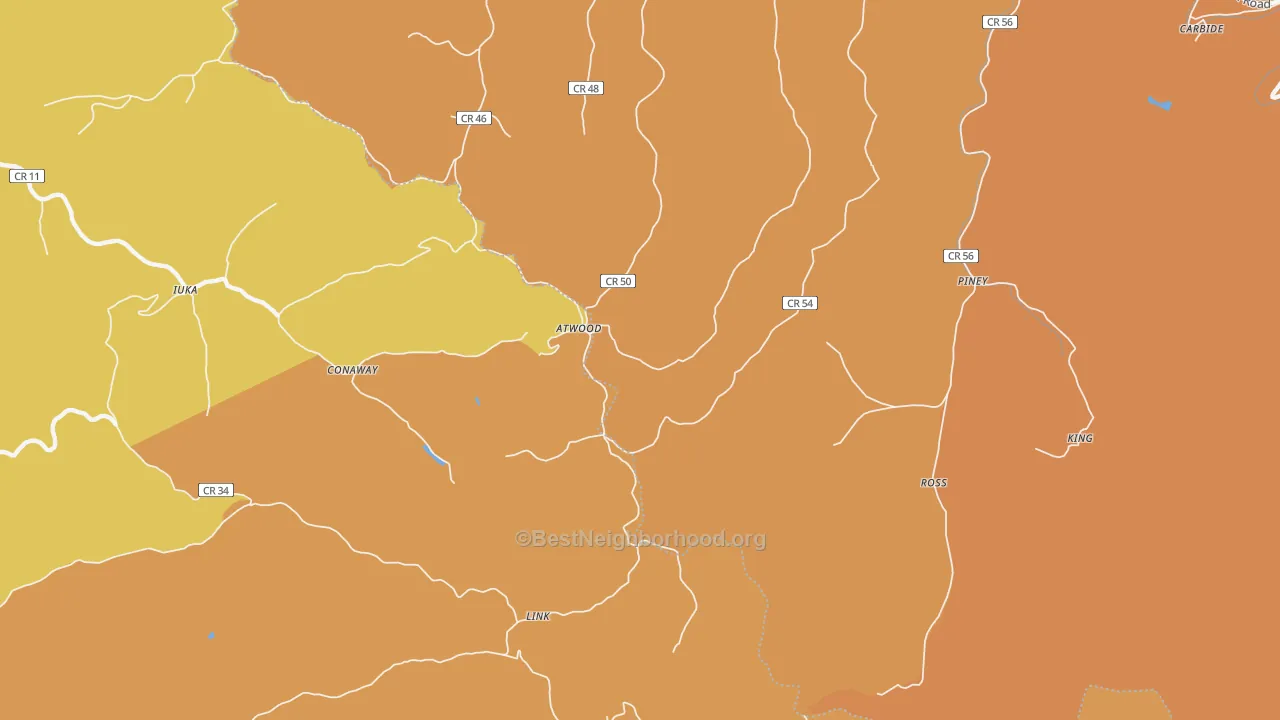 Map of the best neighborhoods in the Conaway area, with better matches in green and worse matches in red