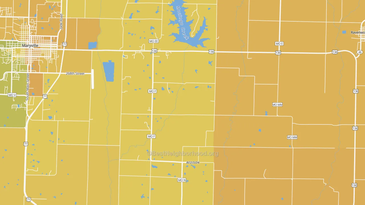 Map of the best neighborhoods in the Conception Junction area, with better matches in green and worse matches in red