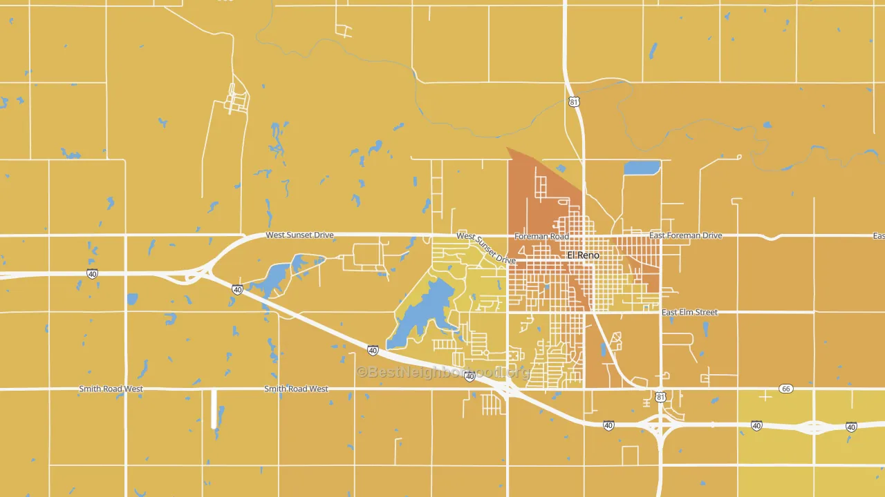 Map of the best neighborhoods in the Concho area, with better matches in green and worse matches in red