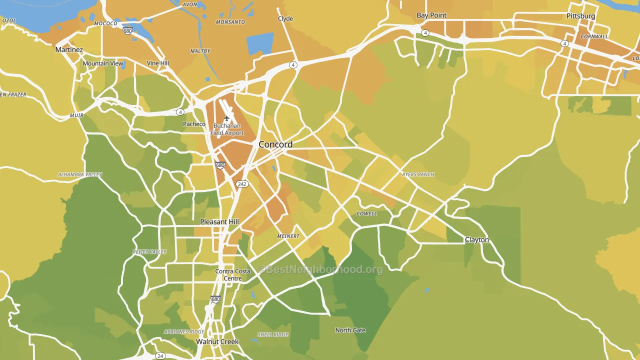 Map of the best neighborhoods in the Concord area, with better matches in green and worse matches in red