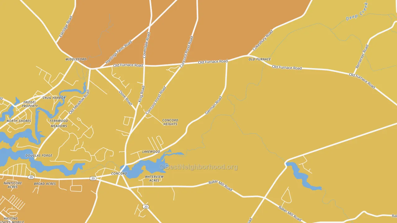 Map of the best neighborhoods in the Concord area, with better matches in green and worse matches in red
