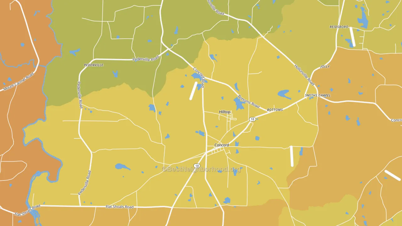 Map of the best neighborhoods in the Concord area, with better matches in green and worse matches in red