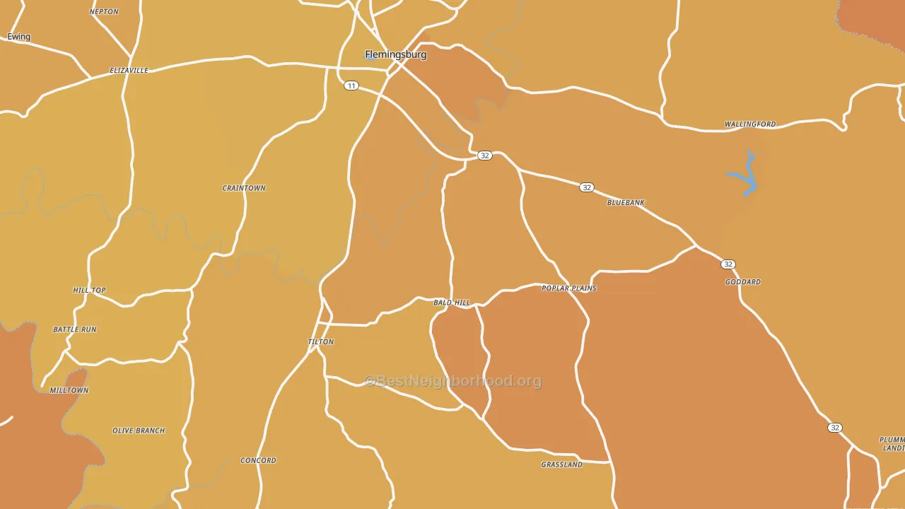 Map of the best neighborhoods in the Concord area, with better matches in green and worse matches in red