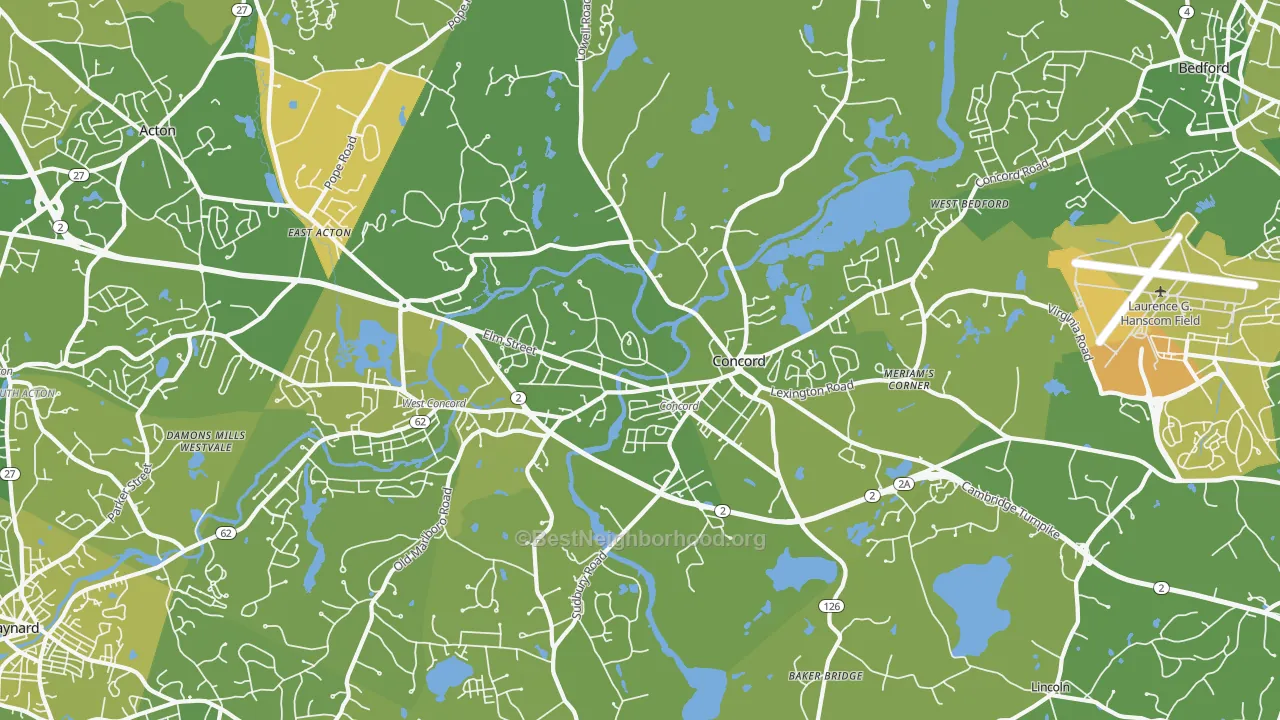 Map of the best neighborhoods in the Concord area, with better matches in green and worse matches in red
