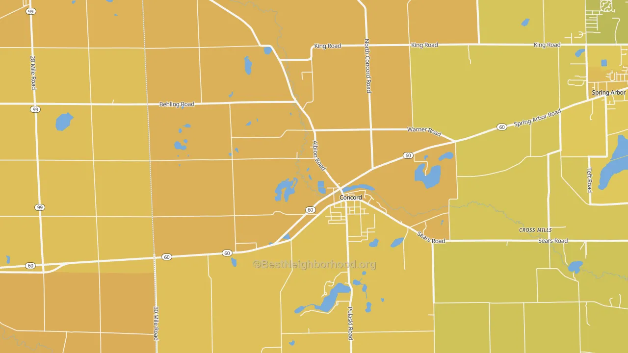 Map of the best neighborhoods in the Concord area, with better matches in green and worse matches in red
