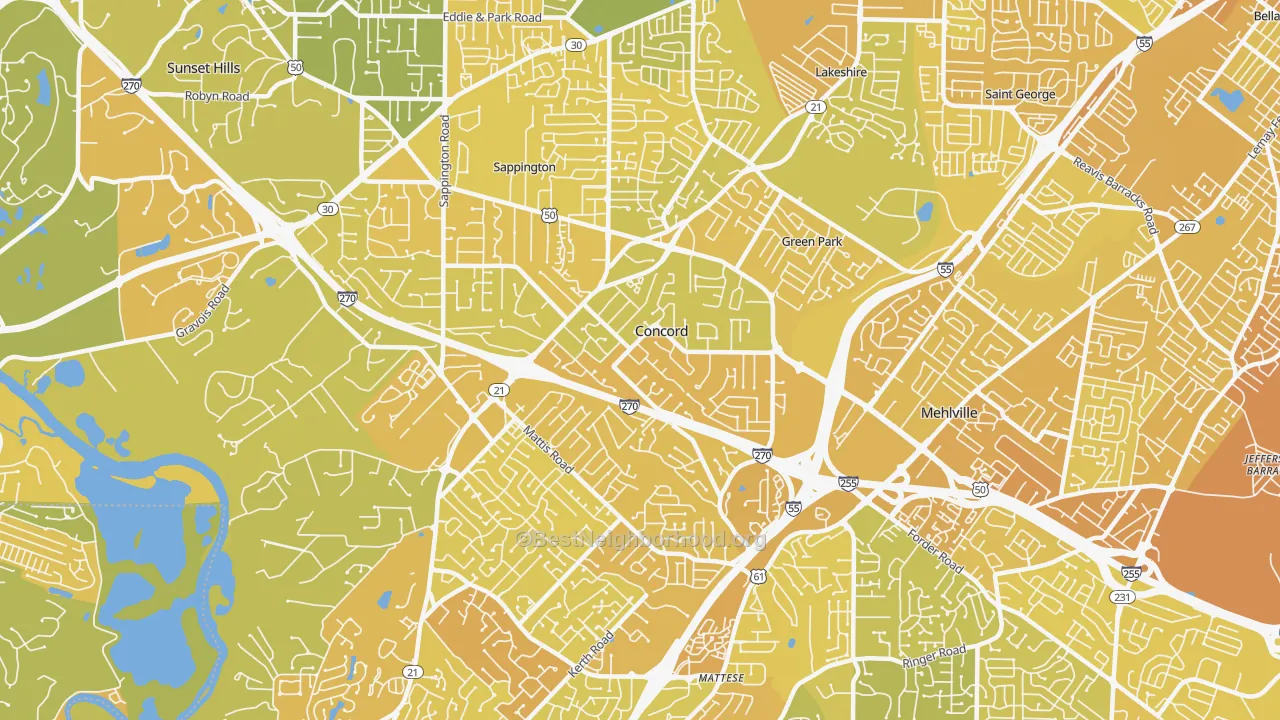 Map of the best neighborhoods in the Concord area, with better matches in green and worse matches in red