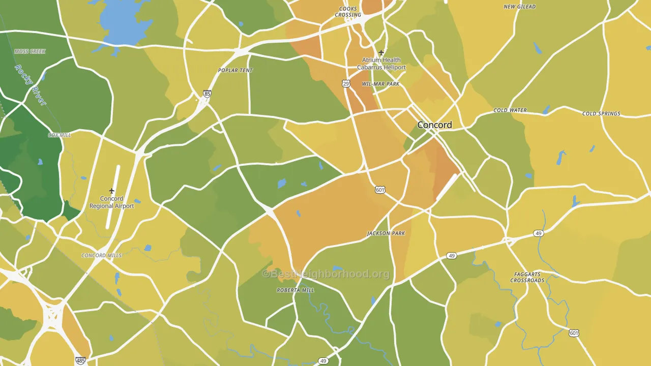 Map of the best neighborhoods in the Concord area, with better matches in green and worse matches in red