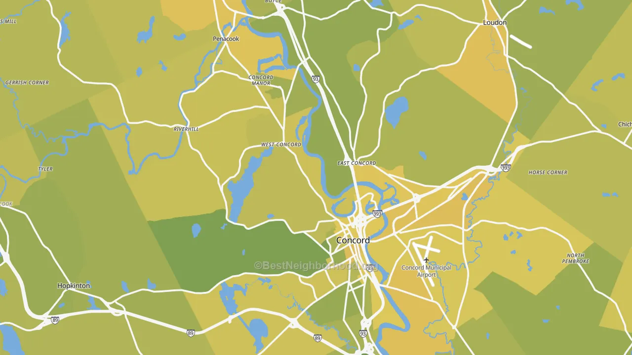 Map of the best neighborhoods in the Concord area, with better matches in green and worse matches in red