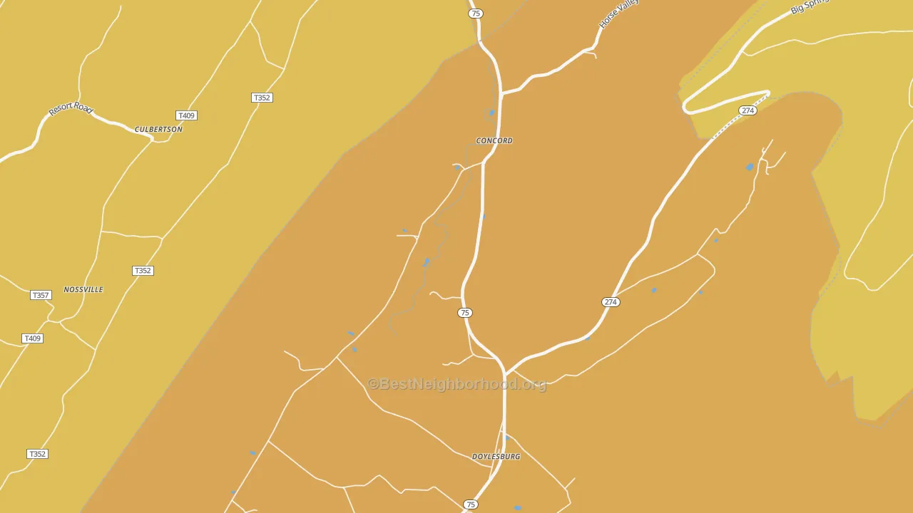 Map of the best neighborhoods in the Concord area, with better matches in green and worse matches in red