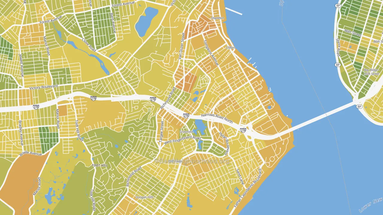 Map of the best neighborhoods in the Concord, Staten Island area, with better matches in green and worse matches in red