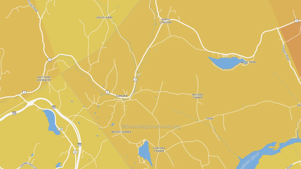Map of the best neighborhoods in the Concord area, with better matches in green and worse matches in red