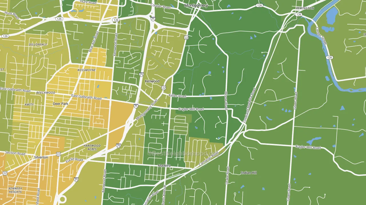 Map of the best neighborhoods in the Concorde Hills area, with better matches in green and worse matches in red