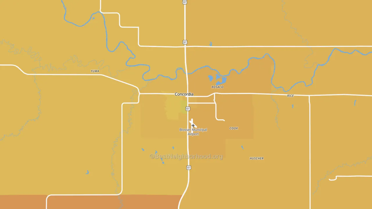 Map of the best neighborhoods in the Concordia area, with better matches in green and worse matches in red