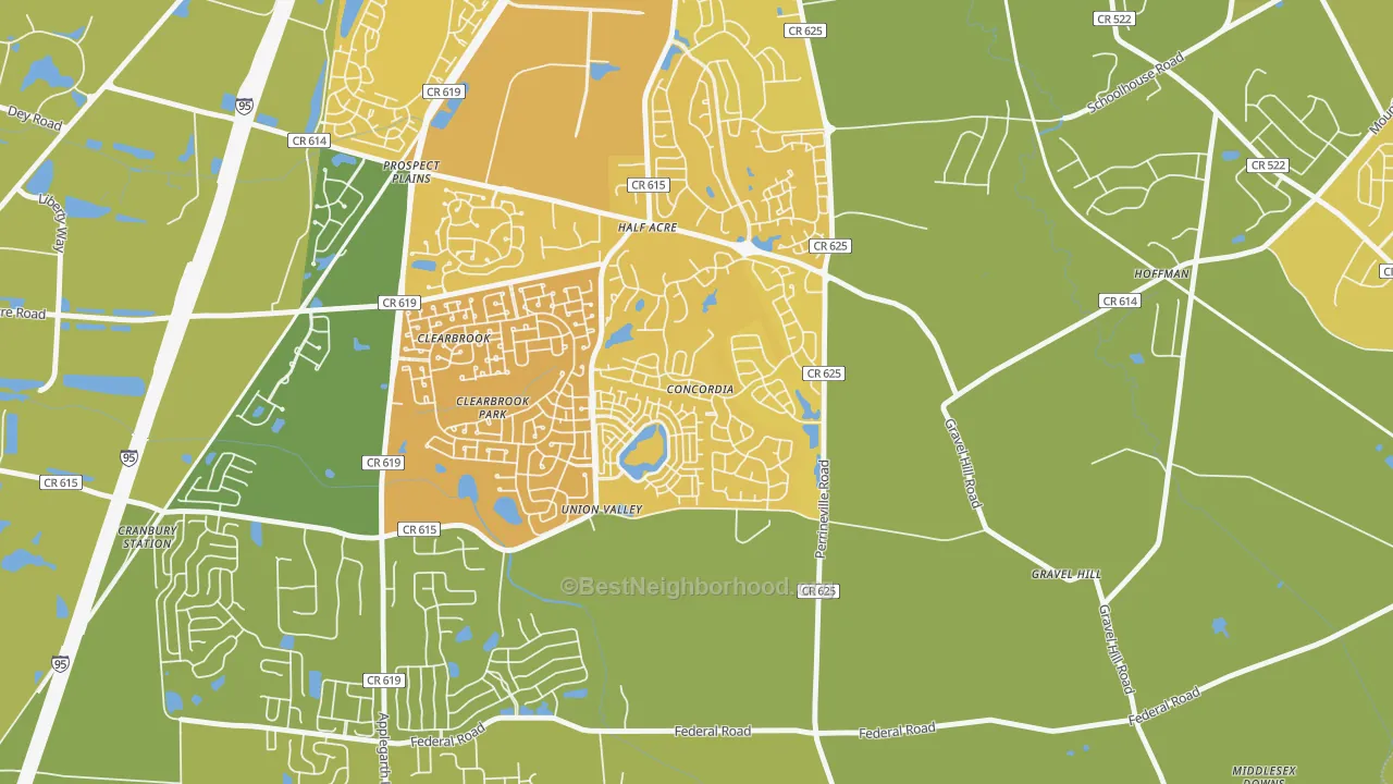 Map of the best neighborhoods in the Concordia area, with better matches in green and worse matches in red