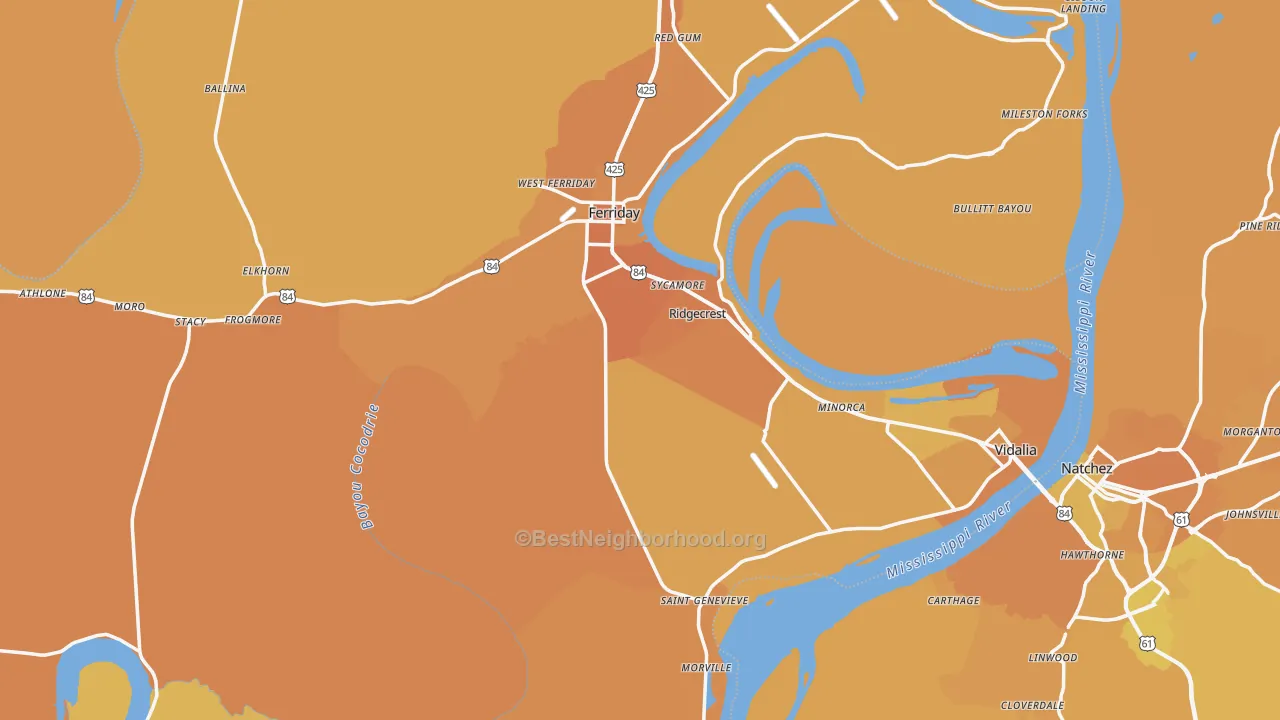 Map of the best neighborhoods in the Concordia Parish area, with better matches in green and worse matches in red