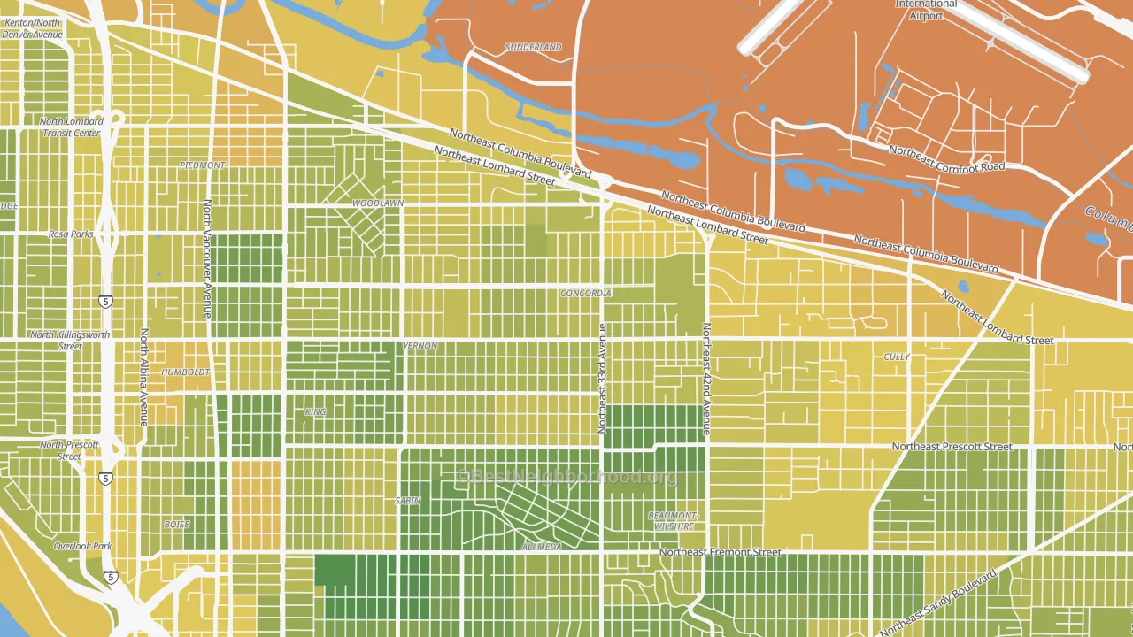 Map of the best neighborhoods in the Concordia, Portland area, with better matches in green and worse matches in red