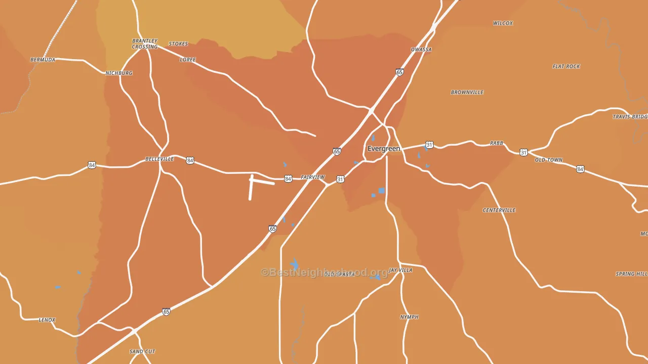 Map of the best neighborhoods in the Conecuh County area, with better matches in green and worse matches in red