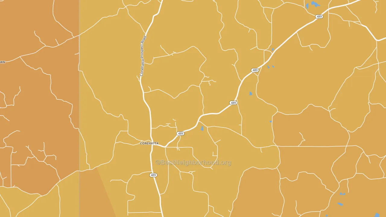 Map of the best neighborhoods in the Conehatta area, with better matches in green and worse matches in red