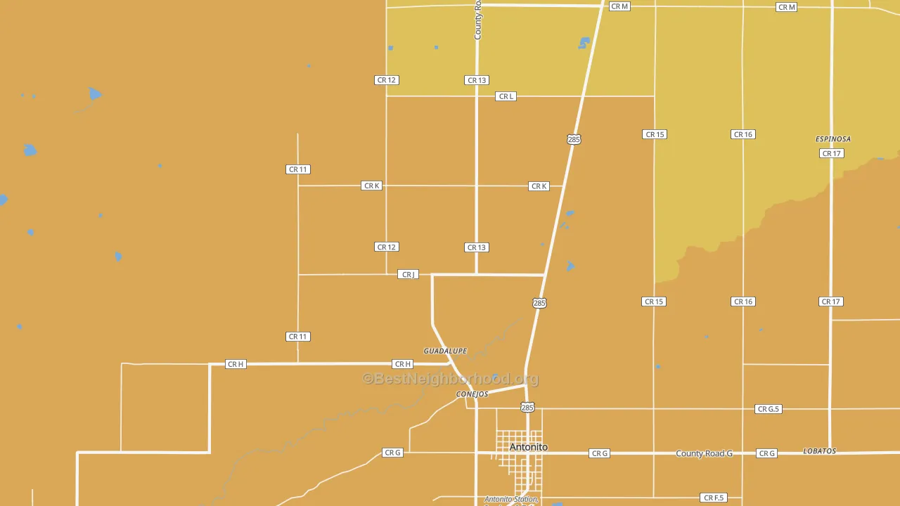 Map of the best neighborhoods in the Conejos area, with better matches in green and worse matches in red
