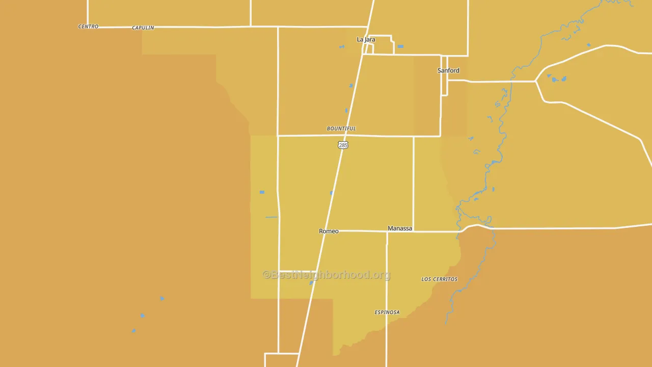 Map of the best neighborhoods in the Conejos County area, with better matches in green and worse matches in red