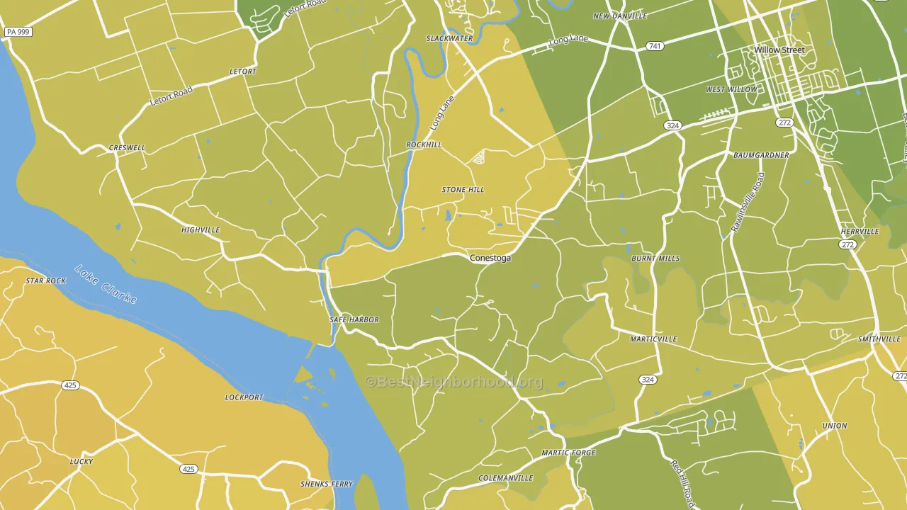 Map of the best neighborhoods in the Conestoga area, with better matches in green and worse matches in red