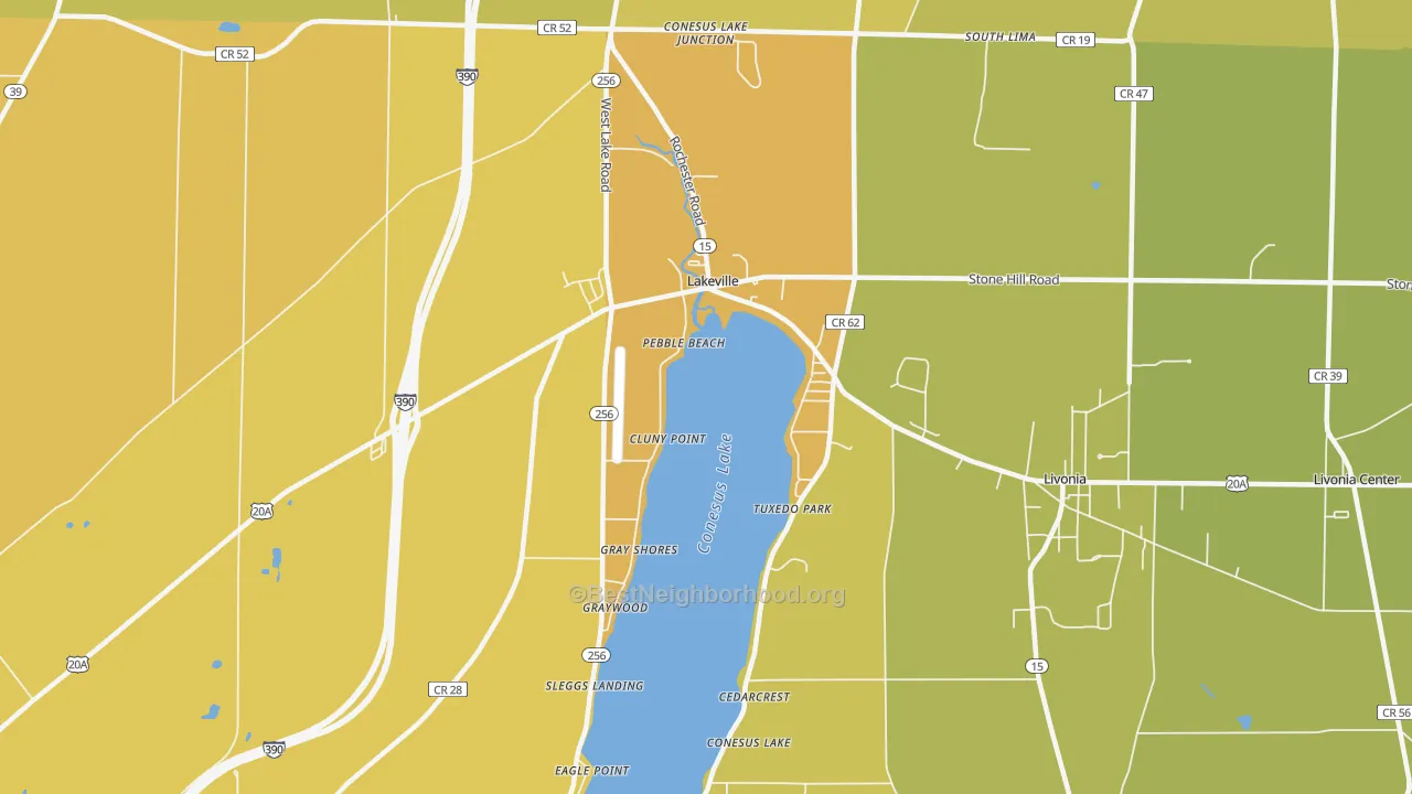 Map of the best neighborhoods in the Conesus Lake area, with better matches in green and worse matches in red
