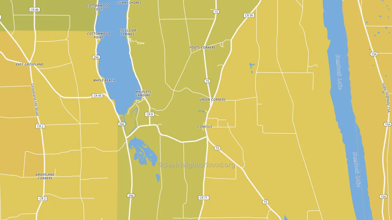 Map of the best neighborhoods in the Conesus area, with better matches in green and worse matches in red