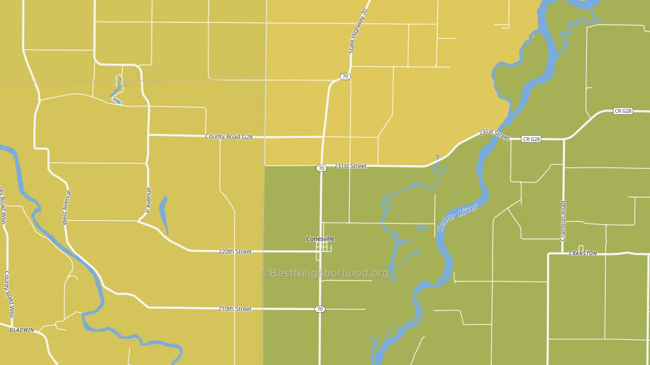 Map of the best neighborhoods in the Conesville area, with better matches in green and worse matches in red
