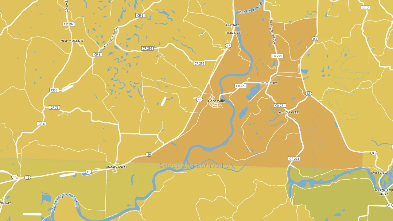 Map of the best neighborhoods in the Conesville area, with better matches in green and worse matches in red