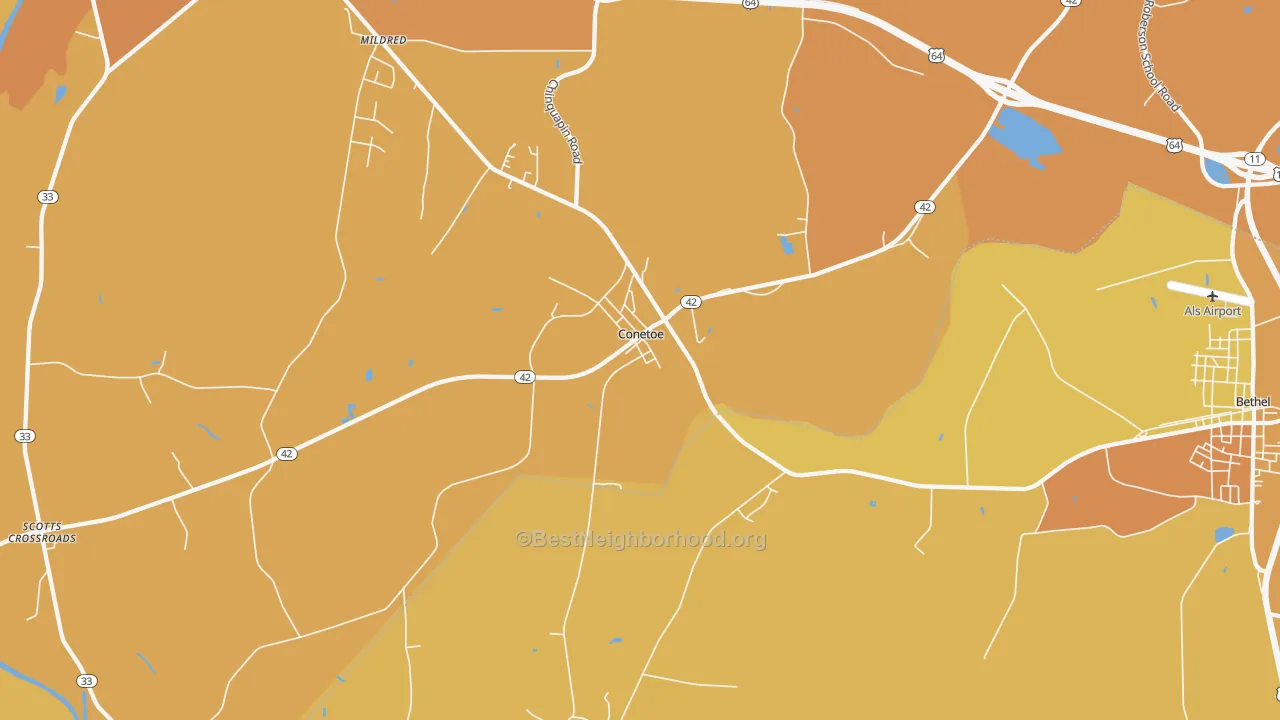 Map of the best neighborhoods in the Conetoe area, with better matches in green and worse matches in red
