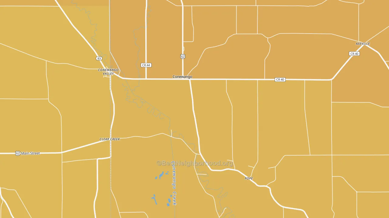 Map of the best neighborhoods in the Conewango area, with better matches in green and worse matches in red