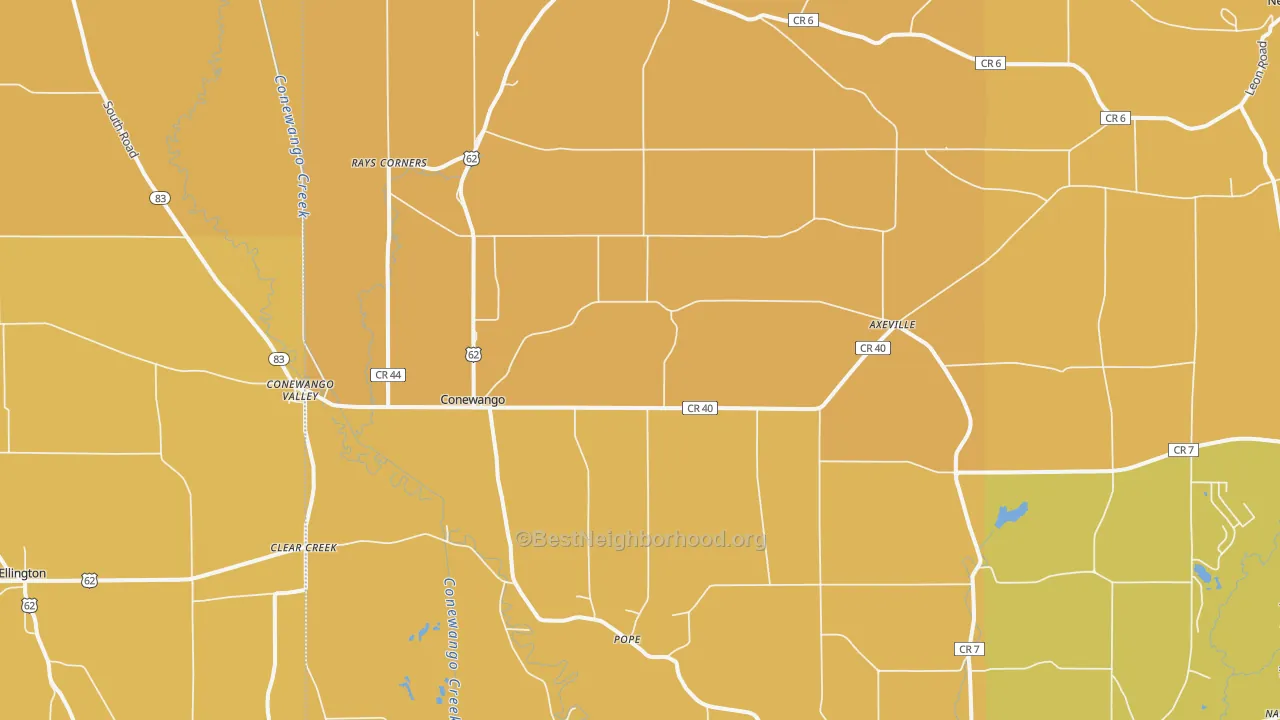 Map of the best neighborhoods in the Conewango Valley area, with better matches in green and worse matches in red