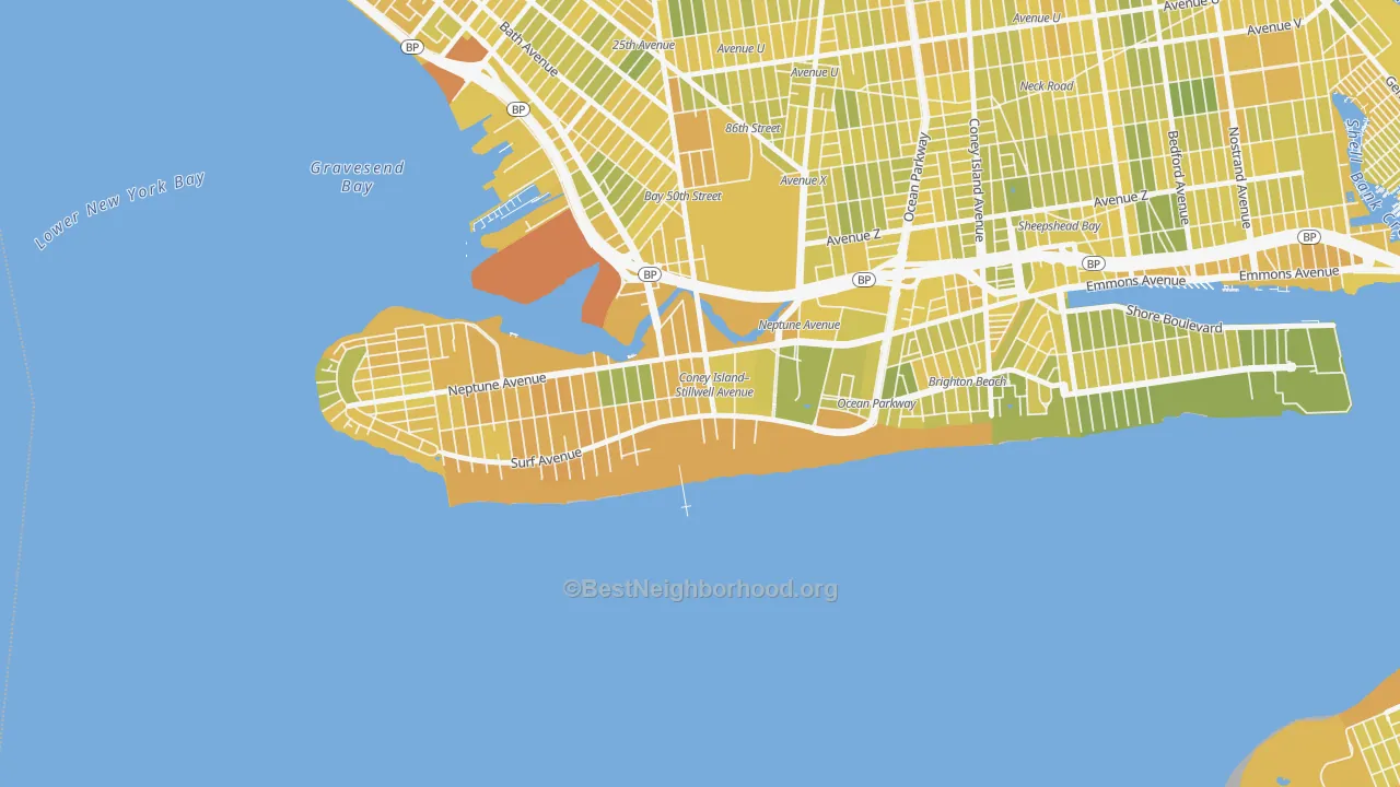 Map of the best neighborhoods in the Coney Island, Brooklyn area, with better matches in green and worse matches in red