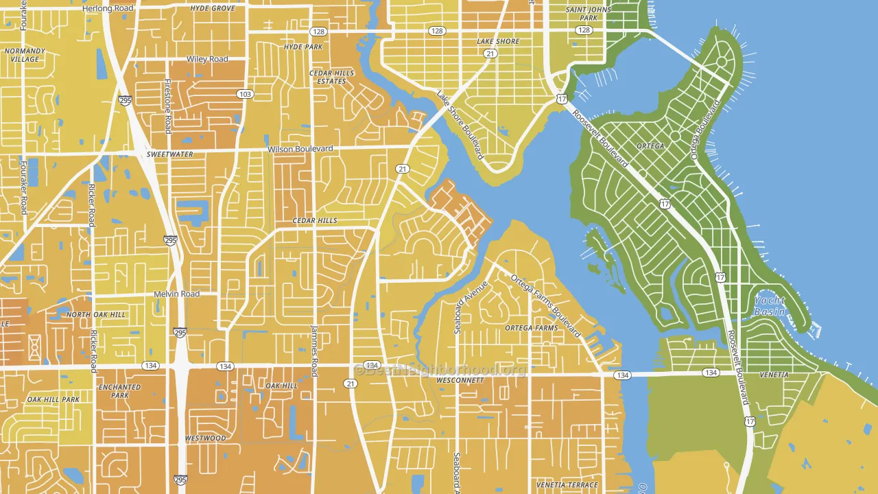Map of the best neighborhoods in the Confederate Point, Jacksonville area, with better matches in green and worse matches in red