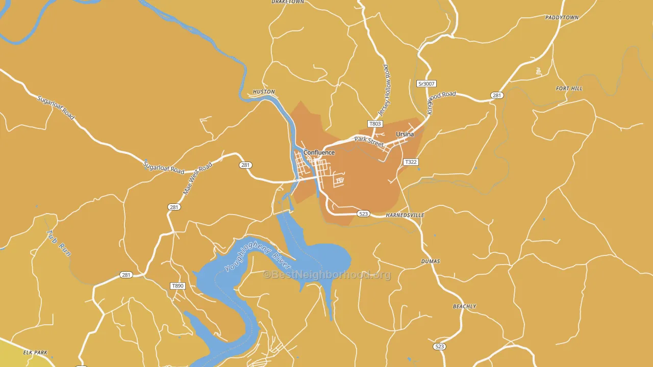 Map of the best neighborhoods in the Confluence area, with better matches in green and worse matches in red