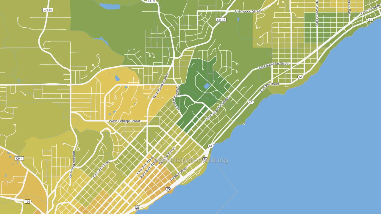 Map of the best neighborhoods in the Congdon Park, Duluth area, with better matches in green and worse matches in red