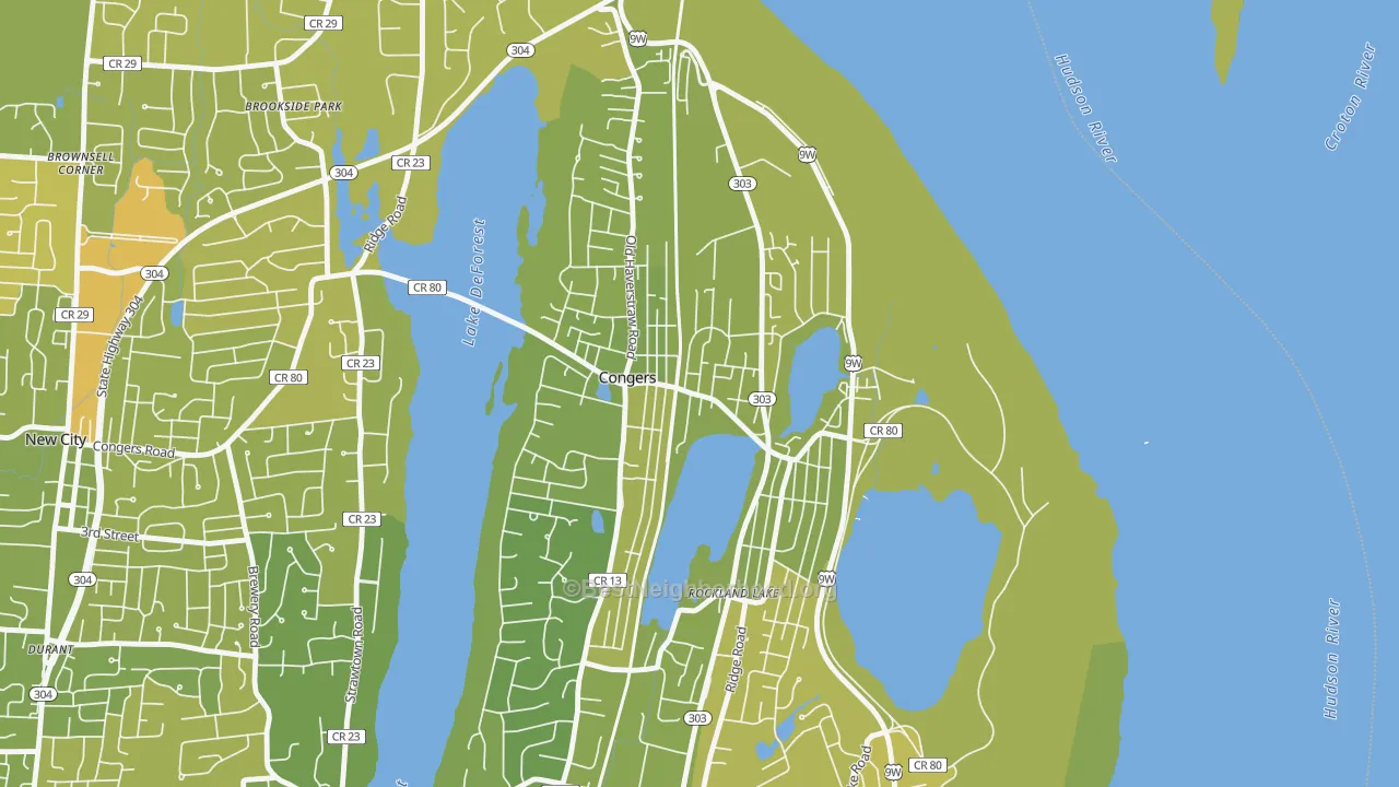 Map of the best neighborhoods in the Congers area, with better matches in green and worse matches in red