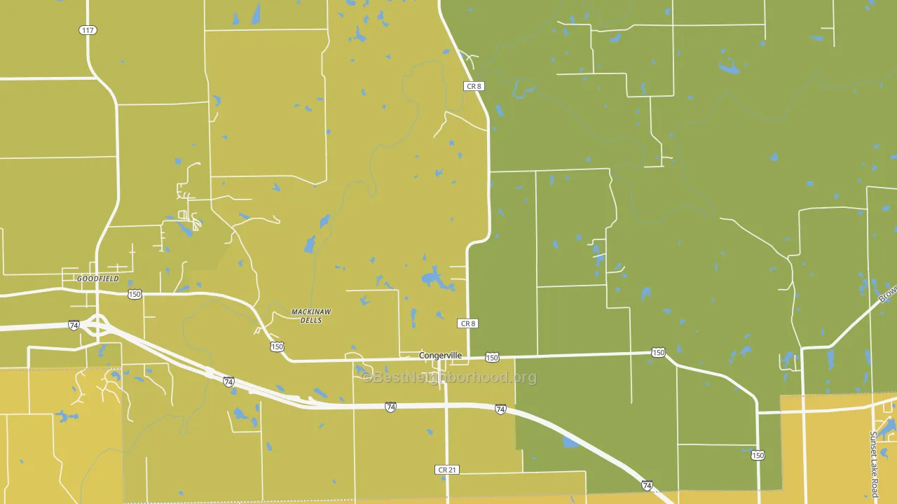 Map of the best neighborhoods in the Congerville area, with better matches in green and worse matches in red