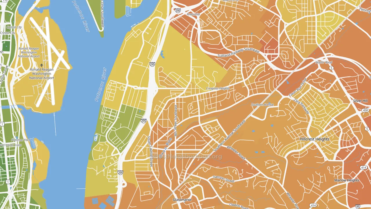Map of the best neighborhoods in the Congress Heights, Washington area, with better matches in green and worse matches in red