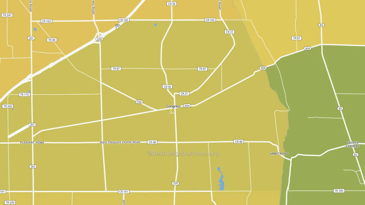 Map of the best neighborhoods in the Congress area, with better matches in green and worse matches in red