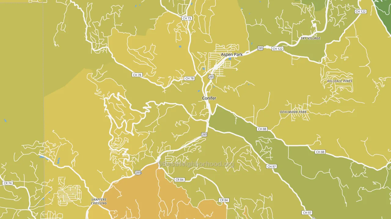 Map of the best neighborhoods in the Conifer area, with better matches in green and worse matches in red