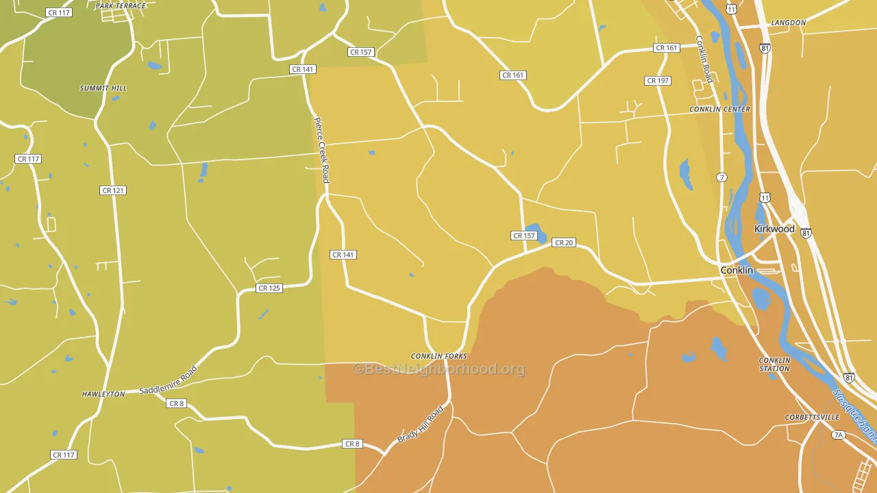 Map of the best neighborhoods in the Conklin Forks area, with better matches in green and worse matches in red