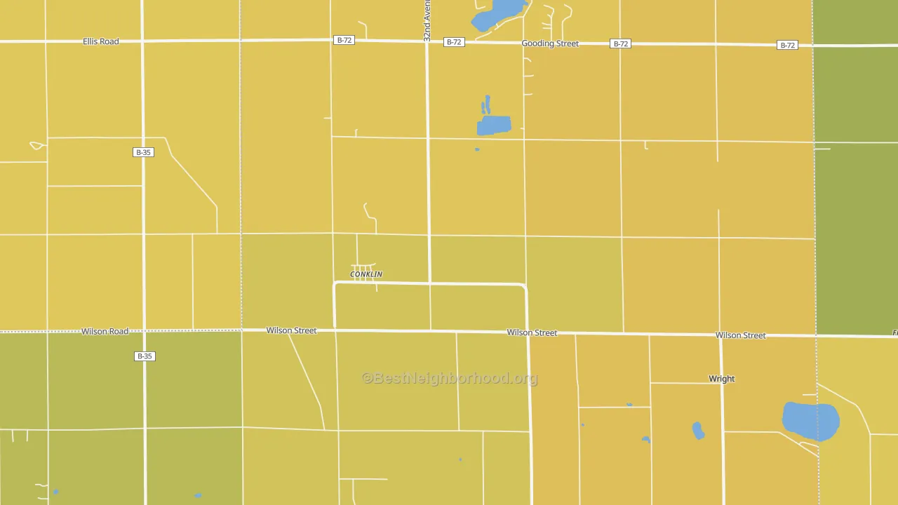 Map of the best neighborhoods in the Conklin area, with better matches in green and worse matches in red