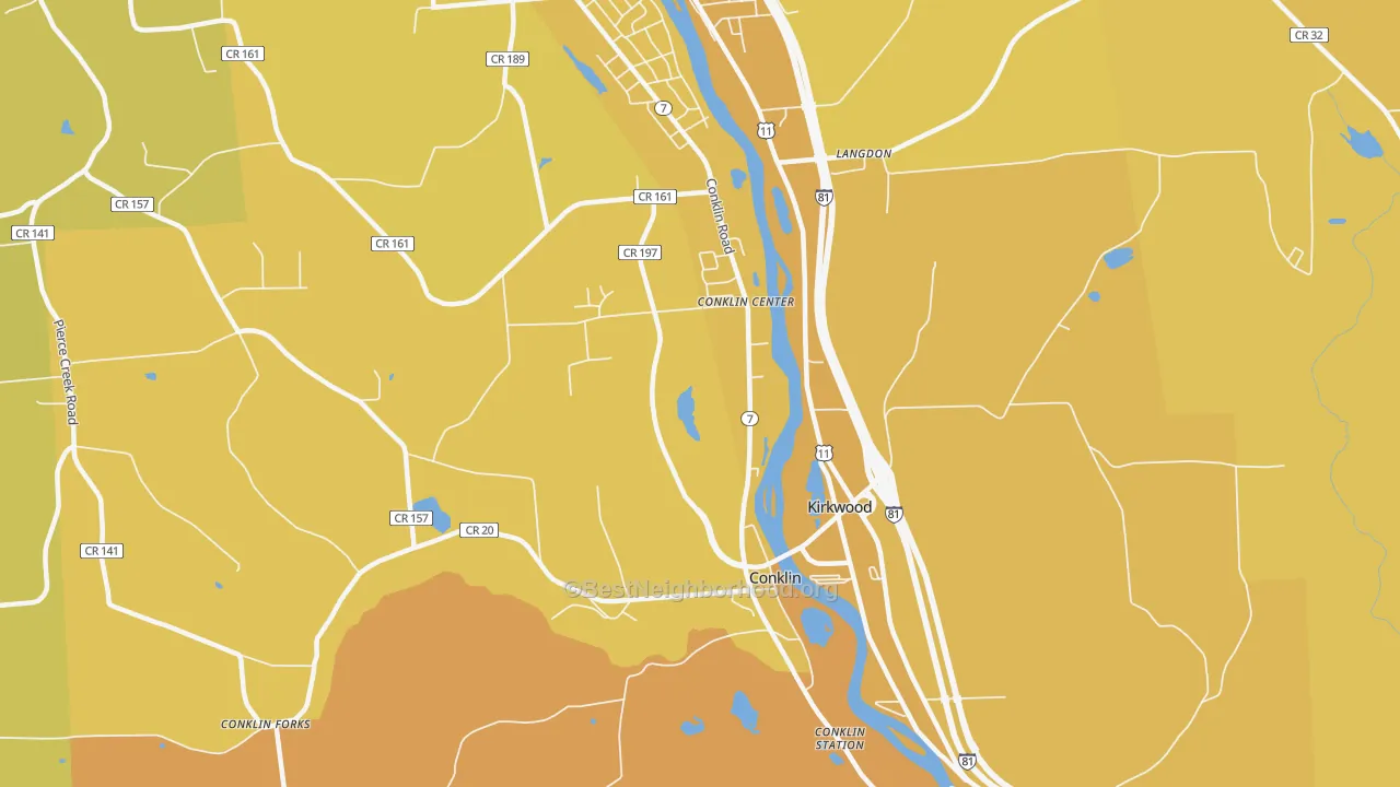 Map of the best neighborhoods in the Conklin area, with better matches in green and worse matches in red