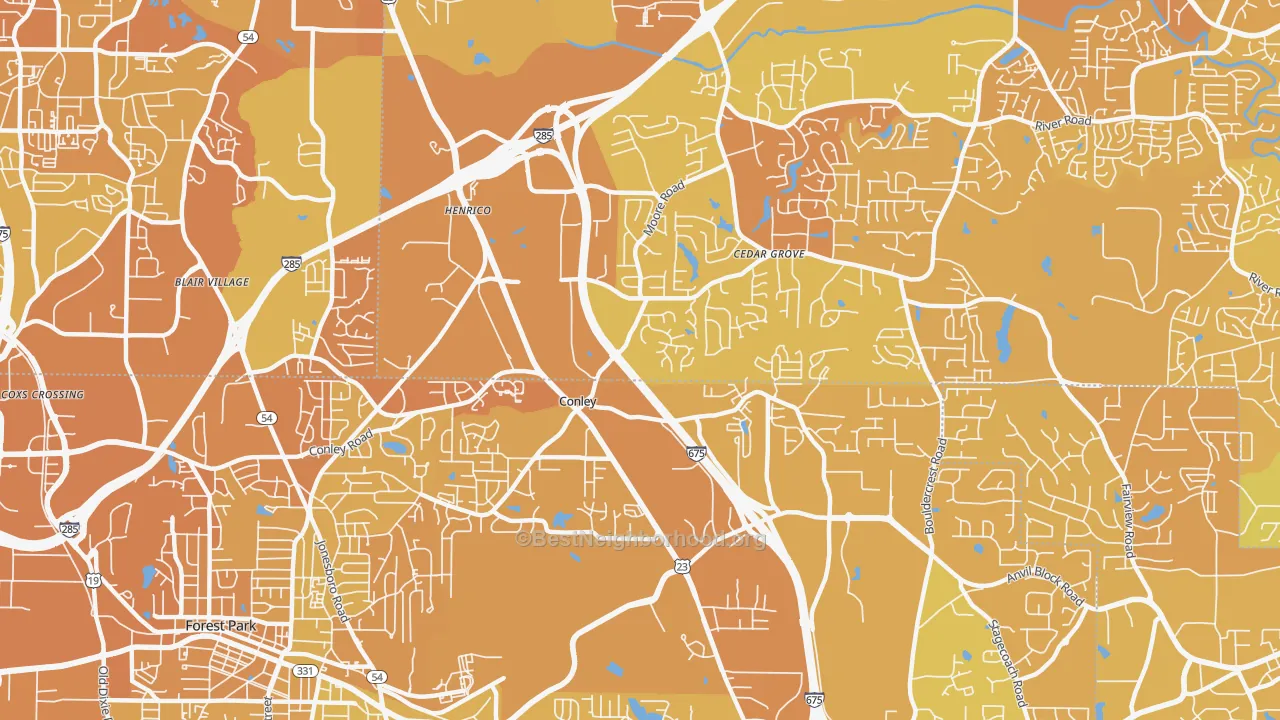 Map of the best neighborhoods in the Conley area, with better matches in green and worse matches in red