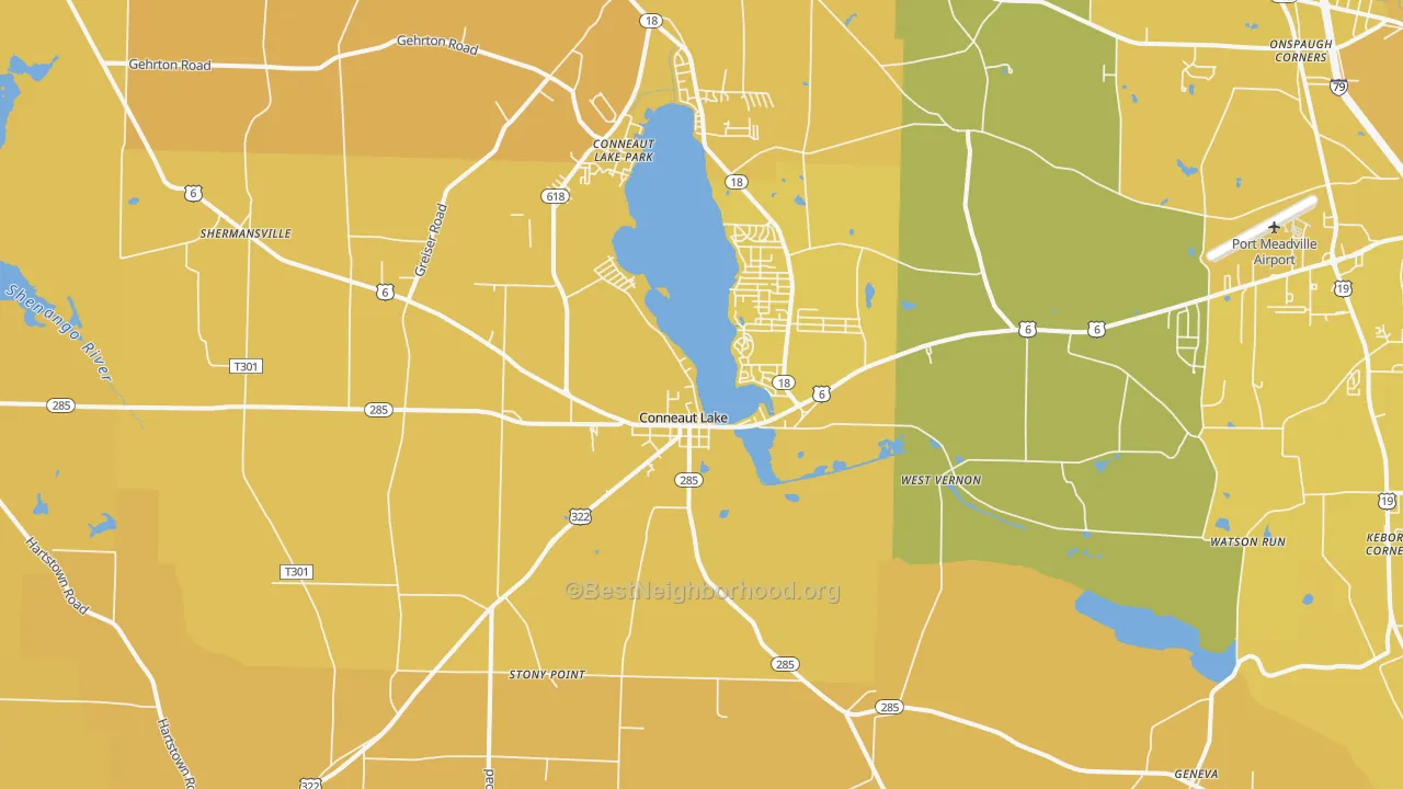 Map of the best neighborhoods in the Conneaut Lake area, with better matches in green and worse matches in red